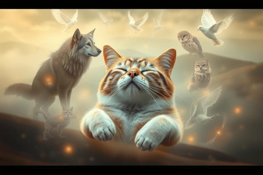 A serene cat in a dreamlike state, its eyes closed as it floats within a mystical realm. Wispy, ethereal spirit animals – wolves, owls, and other totemic creatures – surround and embrace the feline, enveloping it in a soft, otherworldly glow. The background is a tranquil, mist-shrouded landscape, hinting at the interconnectedness of the physical and spiritual worlds. Warm, diffused lighting bathes the scene, creating a sense of tranquility and wonder. The composition is balanced and centered, drawing the viewer's gaze to the cat's peaceful, transcendent expression.