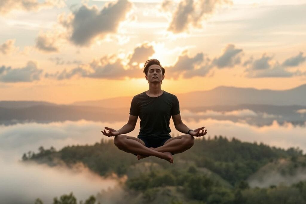 A serene, cloud-filled sky with a soft, golden glow from the setting sun. In the foreground, a person meditates in a levitating lotus position, their eyes closed in deep contemplation. The background features a peaceful landscape with rolling hills, lush green forests, and a distant mountain range. The scene conveys a sense of tranquility and inner reflection, capturing the essence of a transformative "flying dream" experience.