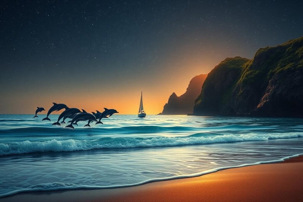 A serene, coastal scene under a starry night sky. In the foreground, gently lapping waves caress the sandy shoreline. Silhouetted against the horizon, a school of dolphins gracefully breach the surface, their arched backs glistening in the moonlight. In the middle ground, a lone sailboat drifts peacefully, its billowing sails casting soft shadows. Behind it, towering cliffs rise up, capped with lush, verdant foliage. The scene is bathed in a warm, ethereal glow, creating a sense of tranquility and wonder, as if the viewer is experiencing a vivid, enchanting dream. A serene, coastal scene under a starry night sky. In the foreground, gently lapping waves caress the sandy shoreline. Silhouetted against the horizon, a school of dolphins gracefully breach the surface, their arched backs glistening in the moonlight. In the middle ground, a lone sailboat drifts peacefully, its billowing sails casting soft shadows. Behind it, towering cliffs rise up, capped with lush, verdant foliage. The scene is bathed in a warm, ethereal glow, creating a sense of tranquility and wonder, as if the viewer is experiencing a vivid, enchanting dream.
