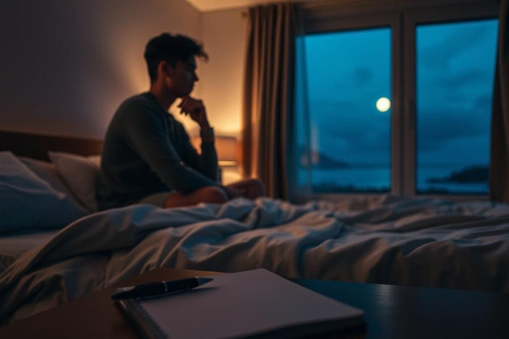 A serene, dimly lit bedroom where a person sits on the edge of their bed, deep in contemplation. The room's soft, warm lighting casts a comforting glow, and the person's expression is one of thoughtful introspection. In the foreground, a notebook and pen lie on the bedside table, hinting at the process of processing and recording dreams. The background features a window overlooking a tranquil, moonlit landscape, suggesting a sense of calm and reflection. The overall atmosphere evokes a sense of introspection and the gentle exploration of one's inner world.