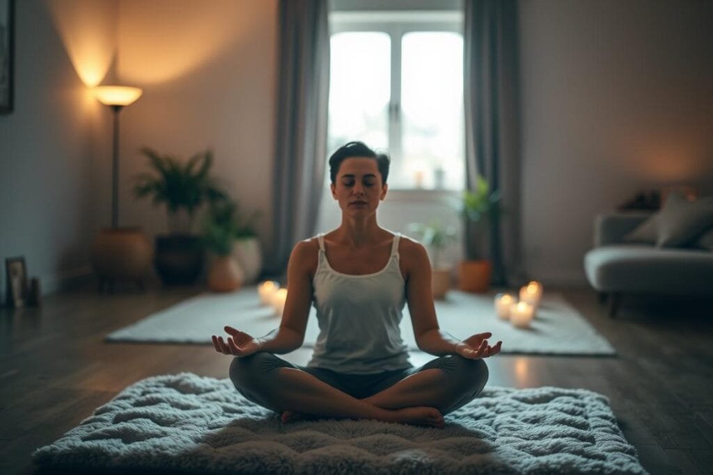 A serene, dimly lit room with soft, warm lighting. In the foreground, a person sitting cross-legged on a plush, cushioned floor, eyes closed, hands resting on their knees in a meditative pose. The person's expression is one of calm and focus, their shoulders relaxed. In the middle ground, a few potted plants and candles create a soothing, natural ambiance. The background is blurred, with hints of neutral-toned walls and a window allowing natural light to filter in, creating a sense of tranquility. The overall atmosphere conveys a feeling of mindfulness, tranquility, and effective stress management.