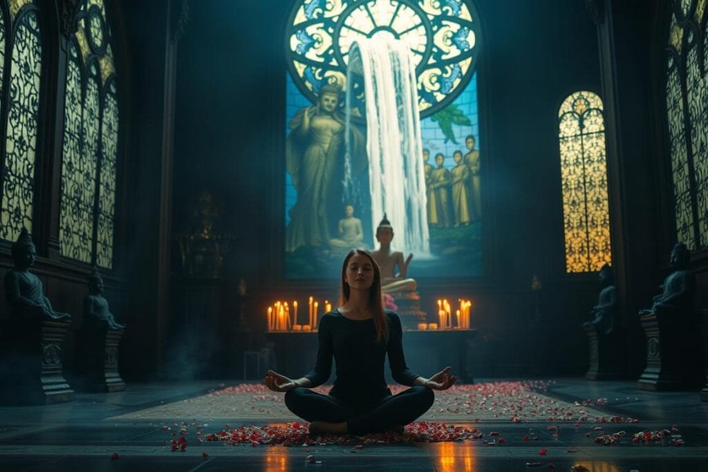 A serene, dimly lit temple interior with ornate Buddhist statues and intricate stained glass windows. In the foreground, a woman sits in a lotus position, her eyes closed in deep meditation, surrounded by a hazy, ethereal aura. The middle ground features a central altar adorned with burning incense and flower petals, casting a warm, golden glow. In the background, a large, ornate stained glass window depicts a cascading waterfall, symbolizing the spiritual cleansing and purification associated with vomiting dreams. The overall atmosphere is one of tranquility, introspection, and the search for deeper meaning.