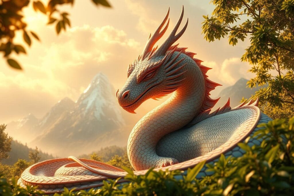 A serene dragon, its scales shimmering like iridescent gems, nestled amidst a tranquil landscape. Crystalline mountains rise in the distance, their peaks kissed by wisps of cloud. Lush, verdant foliage surrounds the dragon, creating a sense of harmony and balance. Warm, diffused lighting bathes the scene, casting a golden glow that accentuates the dragon's majestic presence. Its eyes are closed, exuding a profound sense of inner peace and contemplation. The air is filled with a palpable aura of ancient wisdom and the gentle rhythm of the dragon's breathing, inviting the viewer to pause and immerse themselves in the tranquility of this enchanting dream realm.