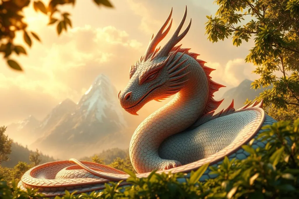 A serene dragon, its scales shimmering like iridescent gems, nestled amidst a tranquil landscape. Crystalline mountains rise in the distance, their peaks kissed by wisps of cloud. Lush, verdant foliage surrounds the dragon, creating a sense of harmony and balance. Warm, diffused lighting bathes the scene, casting a golden glow that accentuates the dragon's majestic presence. Its eyes are closed, exuding a profound sense of inner peace and contemplation. The air is filled with a palpable aura of ancient wisdom and the gentle rhythm of the dragon's breathing, inviting the viewer to pause and immerse themselves in the tranquility of this enchanting dream realm. A serene dragon, its scales shimmering like iridescent gems, nestled amidst a tranquil landscape. Crystalline mountains rise in the distance, their peaks kissed by wisps of cloud. Lush, verdant foliage surrounds the dragon, creating a sense of harmony and balance. Warm, diffused lighting bathes the scene, casting a golden glow that accentuates the dragon's majestic presence. Its eyes are closed, exuding a profound sense of inner peace and contemplation. The air is filled with a palpable aura of ancient wisdom and the gentle rhythm of the dragon's breathing, inviting the viewer to pause and immerse themselves in the tranquility of this enchanting dream realm.