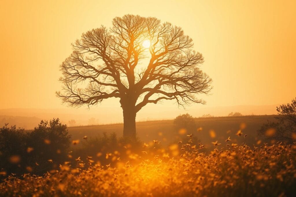 A serene, dreamlike landscape bathed in warm, ethereal light. In the foreground, a mystical swarm of bees radiates a soft, golden glow, their movements evoking a sense of spiritual connection and harmony. In the middle ground, a towering, ancient tree stands as a symbol of wisdom and growth, its branches reaching up towards the sky. The background is a hazy, pastel-colored horizon, suggesting a transcendent, otherworldly realm. The scene conveys a deep, meditative atmosphere, inviting the viewer to reflect on the profound significance of bees in the cycle of life and the unseen, spiritual dimensions of the natural world.
