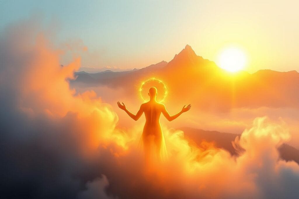 A serene, dreamlike landscape bathed in warm, golden light. In the foreground, a translucent, ethereal figure emerges from swirling mists, hands outstretched in a gesture of spiritual enlightenment. Wisps of energy connect the figure to a distant, majestic mountain range, suggesting a profound connection between the physical and metaphysical realms. The background is rendered in soft, impressionistic strokes, with subtle hues of blue and purple creating a sense of depth and mystery. The overall scene evokes a deep sense of contemplation and inner reflection, inviting the viewer to explore the spiritual insights that may be found in the realm of dreams.