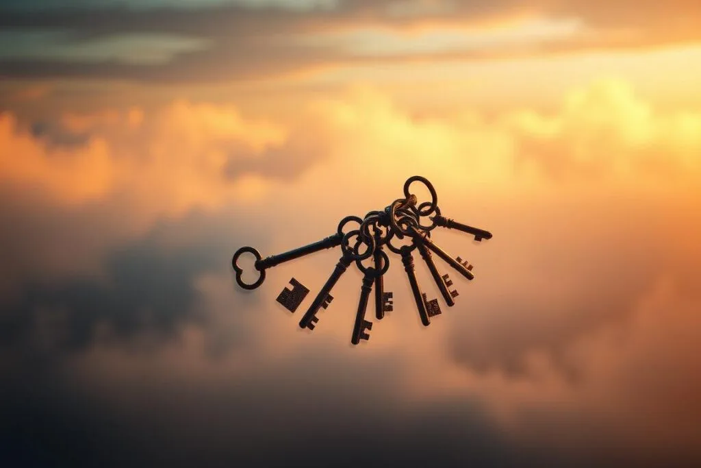 A serene, dreamlike landscape with a cluster of keys floating in the foreground, each key representing a different dream variation. The keys are rendered with intricate details, casting soft shadows on the misty, ethereal background. Warm, ambient lighting illuminates the scene, creating an atmosphere of tranquility and contemplation. The keys are arranged in a visually striking pattern, hinting at the interconnectedness of different dream themes. The overall composition evokes a sense of mystery and the subconscious realm of the mind. A serene, dreamlike landscape with a cluster of keys floating in the foreground, each key representing a different dream variation. The keys are rendered with intricate details, casting soft shadows on the misty, ethereal background. Warm, ambient lighting illuminates the scene, creating an atmosphere of tranquility and contemplation. The keys are arranged in a visually striking pattern, hinting at the interconnectedness of different dream themes. The overall composition evokes a sense of mystery and the subconscious realm of the mind.