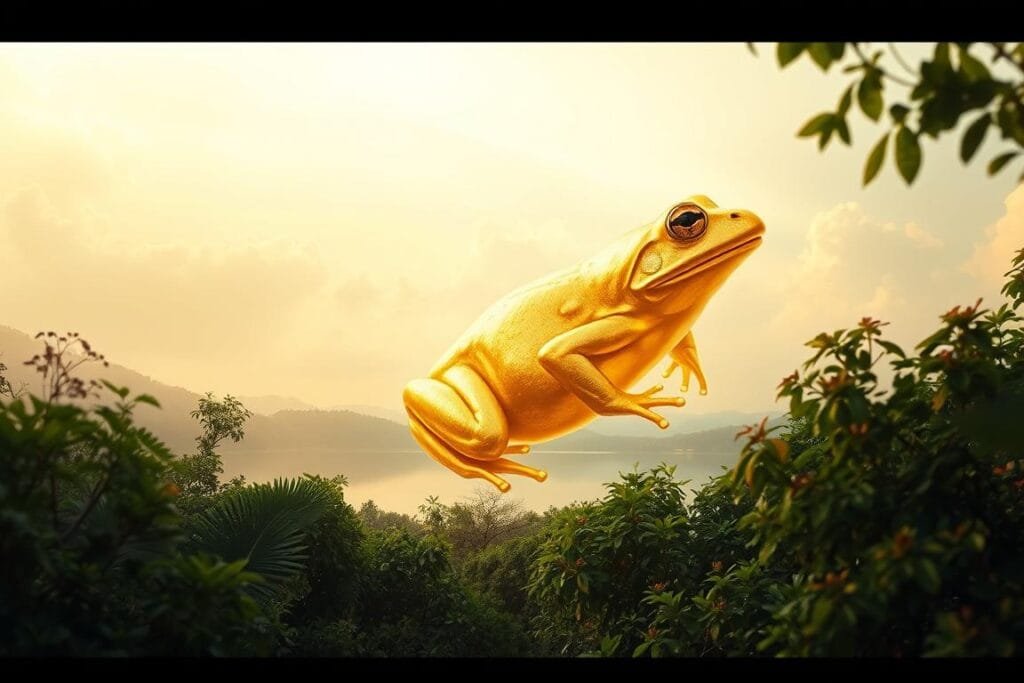 A serene, dreamlike scene of a large, shimmering golden frog floating amidst a surreal landscape. The frog's iridescent skin glows softly, reflecting the warm, diffused lighting. Behind it, wispy clouds drift across a pale, ethereal sky. The foreground is filled with a lush, verdant forest, its leaves and flora rendered in a soft, impressionistic style. In the distance, a tranquil lake mirrors the scene, creating a sense of depth and peace. The overall atmosphere is one of tranquility and mysticism, inviting the viewer to contemplate the symbolic significance of the golden frog.