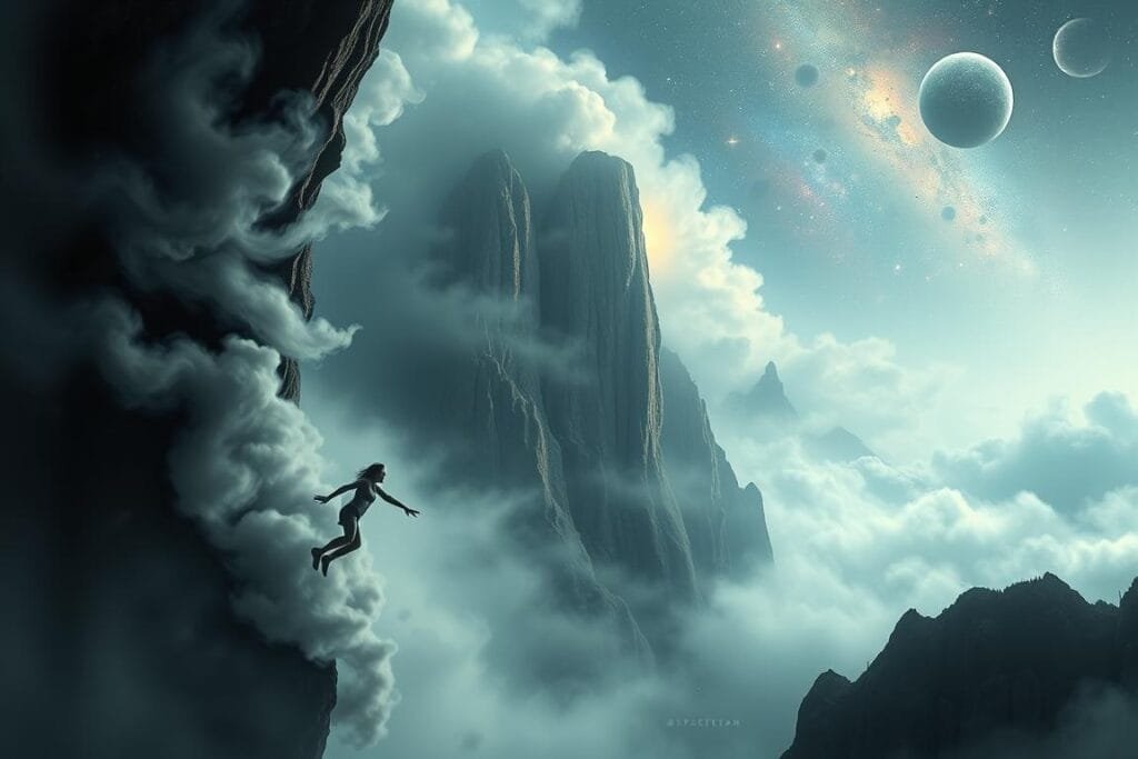 A serene, ethereal landscape of the human psyche, where dreams unfold like shifting wisps of vapor. In the foreground, a figure plummets through a swirling mist, their expression one of contemplation rather than fear. Surrounding them, abstract shapes and fragments of memories manifest, hinting at the complex interplay of the conscious and subconscious. The middle ground features a towering cliff face, its jagged edges a metaphor for the depths of the human mind. Soft, diffused lighting casts a contemplative glow, evoking the introspective nature of dream analysis. The background fades into a cosmos of nebulae and celestial bodies, suggesting the vastness and universality of the dream experience.