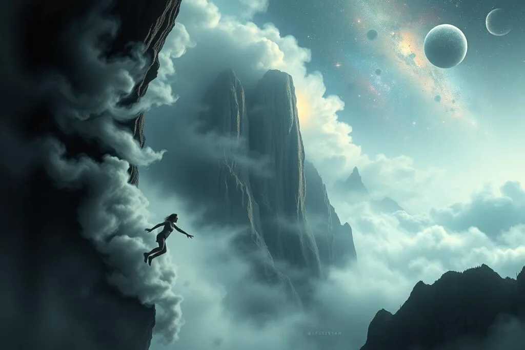 A serene, ethereal landscape of the human psyche, where dreams unfold like shifting wisps of vapor. In the foreground, a figure plummets through a swirling mist, their expression one of contemplation rather than fear. Surrounding them, abstract shapes and fragments of memories manifest, hinting at the complex interplay of the conscious and subconscious. The middle ground features a towering cliff face, its jagged edges a metaphor for the depths of the human mind. Soft, diffused lighting casts a contemplative glow, evoking the introspective nature of dream analysis. The background fades into a cosmos of nebulae and celestial bodies, suggesting the vastness and universality of the dream experience.