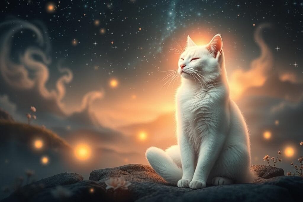 A serene, ethereal scene depicting the spiritual meanings of a white cat. In the foreground, a majestic white feline sits in a meditative pose, its eyes closed and emanating a soft, glowing aura. The middle ground features a mystical, dreamlike landscape with swirling mists, glowing orbs, and delicate floral elements. The background is a starry night sky, infused with a celestial, transcendent atmosphere. Warm, diffused lighting casts a contemplative, otherworldly glow upon the scene. Captured with a wide-angle lens to create a sense of depth and expansiveness, evoking the profound, transcendent symbolism of the white cat.
