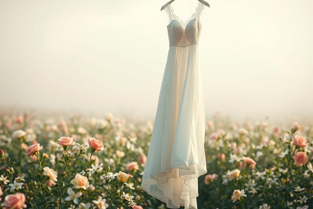 A serene, ethereal scene depicts the symbolic meaning of a wedding dress in dreams. In the foreground, a delicate, flowing white dress is suspended, its intricate lace and satin folds shimmering in soft, diffused lighting. In the middle ground, a field of fragrant flowers – blooming roses, lilies, and jasmine – sway gently, their colors muted and dreamlike. The background fades into a hazy, pastel-tinted sky, evoking a sense of tranquility and the intangible nature of the subconscious. The overall composition conveys the idea of marriage, new beginnings, and the transformative power of dreams.