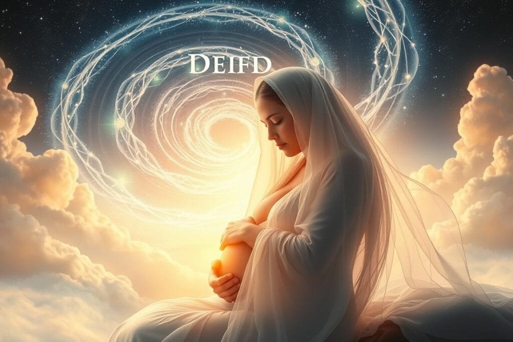 A serene, ethereal scene of a woman in the midst of childbirth, surrounded by symbolic elements. The foreground features a glowing, feminine figure in a state of tranquil labor, her face radiating a sense of inner strength and calm. Flowing, veil-like fabrics envelop her, suggesting the delicate balance between life and death. In the middle ground, a swirling cosmic energy emanates, visualizing the mystical and spiritual nature of the birthing process. The background depicts a celestial landscape, with shimmering stars and ethereal clouds, conveying the profound connection between this earthly act and the universal cycle of creation. Soft, warm lighting casts a gentle glow, evoking the sacred and transformative power of childbirth.
