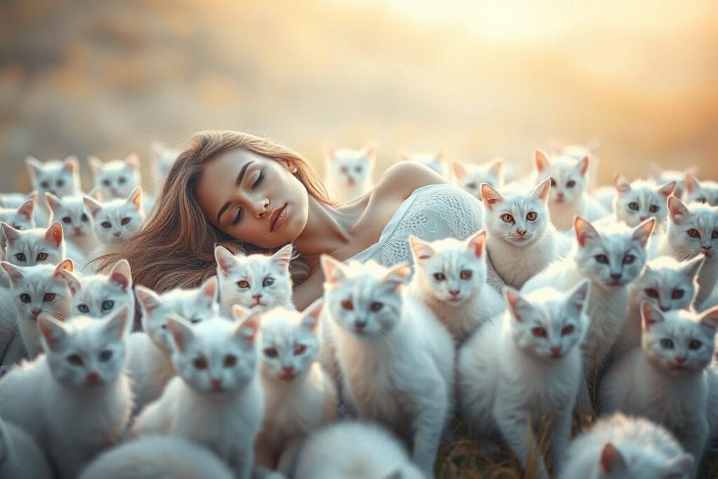A serene, feminine figure gracefully reclines amid a field of delicate white cats, the gentle light casting a warm, ethereal glow. The woman's expression is one of tranquil contemplation, her long, flowing hair framing her face in a soft, halo-like manner. The white cats, each with piercing eyes and a regal bearing, gather around her in a harmonious, almost reverent manner, creating a sense of balance and interconnectedness. The background is a dreamlike landscape, with a soft, diffused light that lends an air of mystery and wonder to the scene. The overall impression is one of a profound, almost spiritual connection between the feminine energy and the mystical white cats.