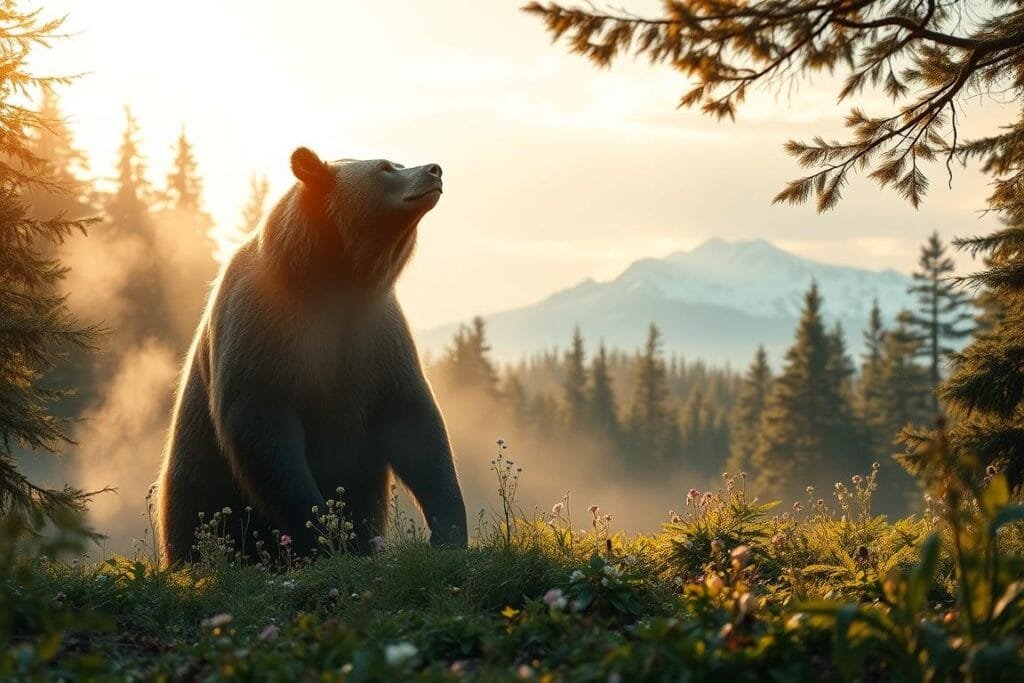 A serene forest glade, bathed in soft, warm light filtering through the lush canopy. In the foreground, a towering, majestic bear stands tall, its eyes closed in a meditative trance. Wisps of mist swirl around its powerful form, creating an ethereal, dreamlike atmosphere. In the middle ground, delicate wildflowers and ferns grow in abundance, symbolizing the harmony between the bear and its natural habitat. The background features a distant, snow-capped mountain range, its peaks piercing the horizon, evoking a sense of ancient, primal forces. The overall scene conveys a profound connection between the bear, the land, and the realm of dreams, where protection, instinct, and the cycle of nature converge.