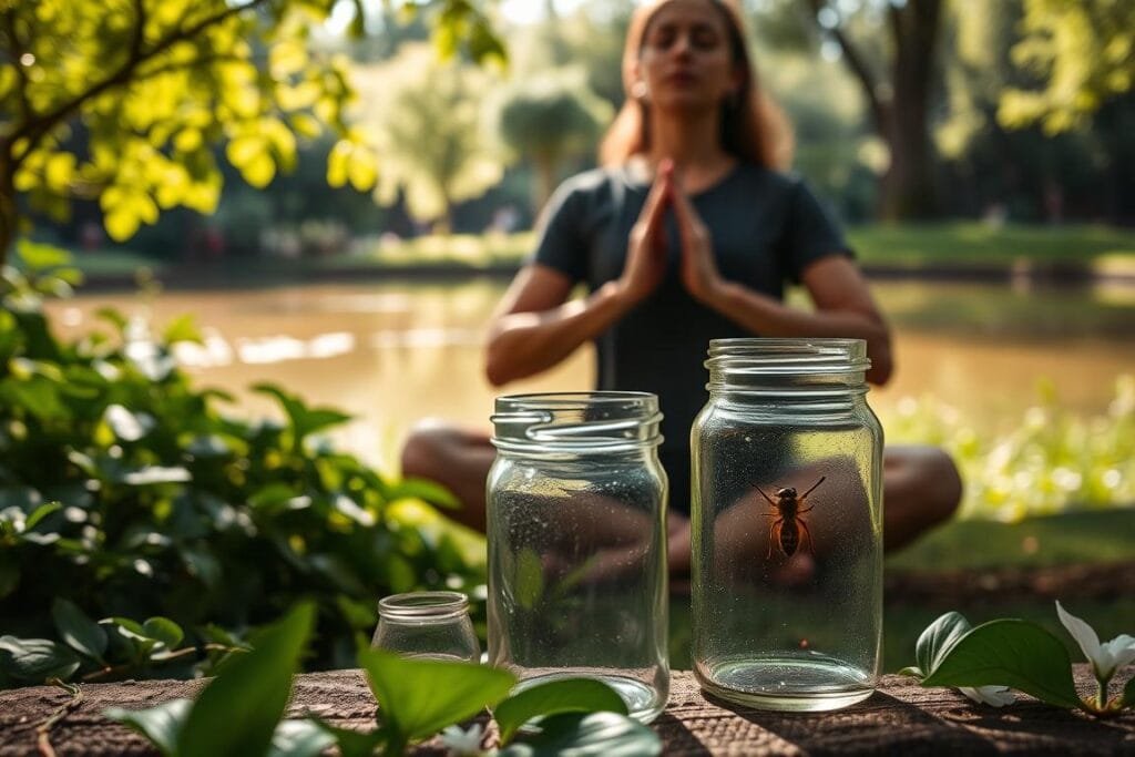A serene garden scene, with a person sitting cross-legged, eyes closed, practicing deep breathing exercises. In the foreground, a small glass jar is placed, containing a single, docile wasp. The middle ground features lush, verdant foliage, with dappled sunlight filtering through. In the background, a tranquil pond reflects the surrounding landscape. The overall atmosphere is one of calm, introspection, and a sense of control over one's fears and anxieties, represented by the caged wasp. The lighting is soft and diffused, creating a soothing, contemplative mood.