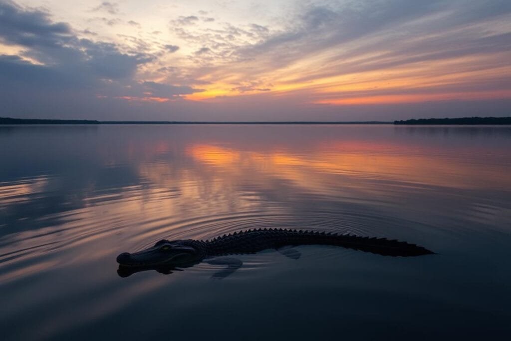 A serene lake at dusk, its calm waters reflecting the silhouette of a lone alligator gliding across the surface. The alligator's eyes glow with an otherworldly luminescence, its presence evoking a sense of primal power and ancient wisdom. The sky above is a tapestry of warm hues, casting a soft, diffused light that dances on the water's surface. The scene is one of tranquility and contemplation, inviting the viewer to ponder the symbolic significance of the alligator in this watery realm.