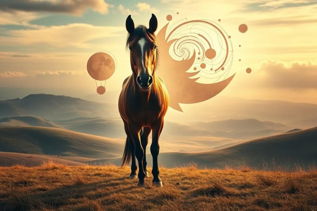 A serene landscape with rolling hills, a vast sky, and a solitary horse standing in the foreground. The horse's eyes are wide, reflecting a sense of wonder and introspection. The lighting is soft and diffused, casting a warm glow over the scene. In the background, abstract shapes and forms swirl, representing the inner workings of the horse's mind and the psychological perspectives that shape its experience. The composition is balanced, with the horse positioned off-center, creating a sense of depth and movement. The overall atmosphere is one of contemplation and quiet exploration, inviting the viewer to ponder the deeper meaning behind the horse's gaze.