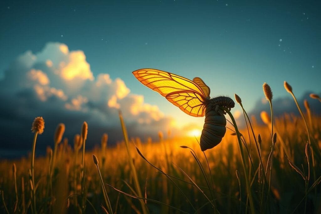 A serene meadow at dusk, illuminated by a warm, golden glow. In the foreground, a majestic caterpillar emerges from its cocoon, its vibrant wings unfurling as it takes flight, symbolizing spiritual transformation and growth. The background is filled with soft, billowing clouds and a starry night sky, conveying a sense of transcendence and connection to the divine. The image is captured through a wide-angle lens, allowing the viewer to fully immerse themselves in the scene. The overall mood is one of wonder, awe, and the beauty of nature's profound cycles.