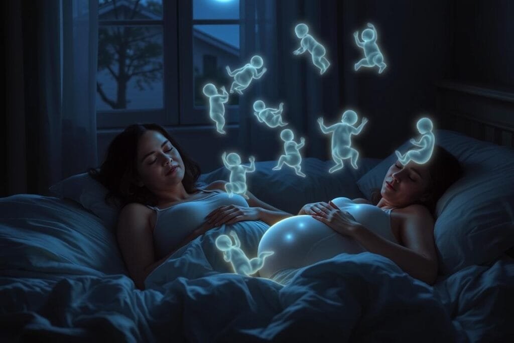 A serene, nighttime scene with a pregnant woman sleeping peacefully, her dreams manifesting as glowing baby figures swirling around her. The bedroom is softly lit by moonlight filtering through a window, casting gentle shadows. The woman's expression is calm and content, her hands resting protectively on her belly. The baby apparitions are translucent and ethereal, dancing in a mesmerizing, dreamlike pattern above the bed. The atmosphere is one of tranquility, introspection, and the wonder of new life.