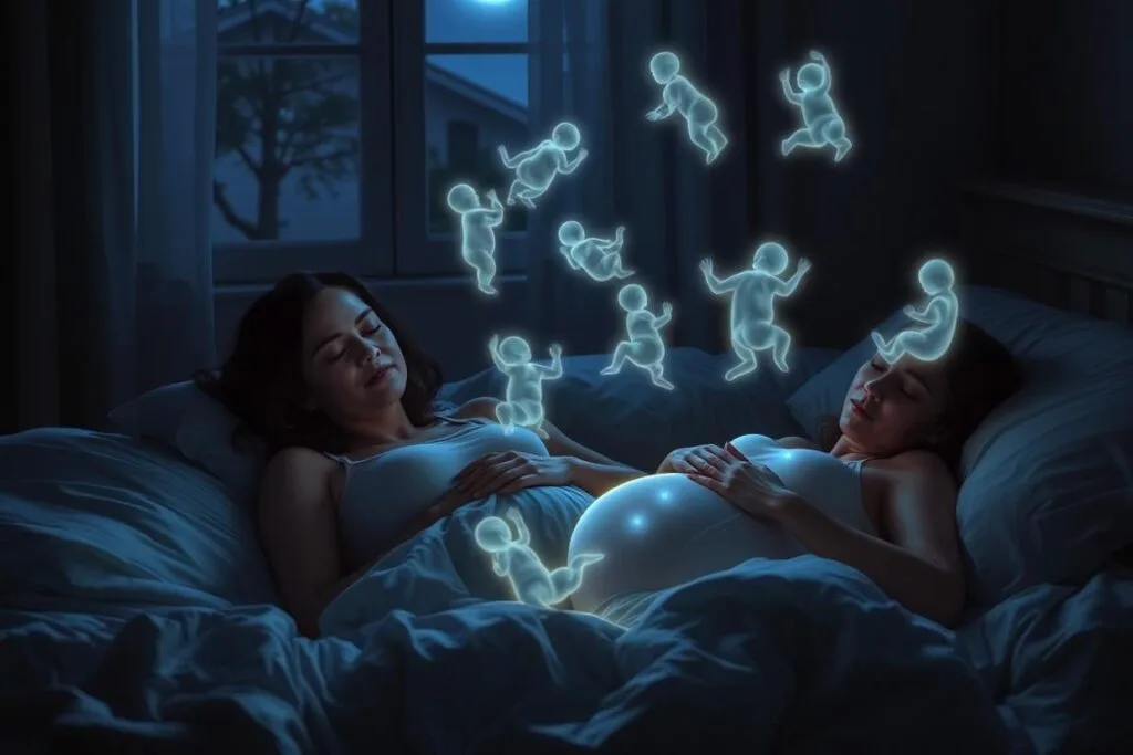 A serene, nighttime scene with a pregnant woman sleeping peacefully, her dreams manifesting as glowing baby figures swirling around her. The bedroom is softly lit by moonlight filtering through a window, casting gentle shadows. The woman's expression is calm and content, her hands resting protectively on her belly. The baby apparitions are translucent and ethereal, dancing in a mesmerizing, dreamlike pattern above the bed. The atmosphere is one of tranquility, introspection, and the wonder of new life. A serene, nighttime scene with a pregnant woman sleeping peacefully, her dreams manifesting as glowing baby figures swirling around her. The bedroom is softly lit by moonlight filtering through a window, casting gentle shadows. The woman's expression is calm and content, her hands resting protectively on her belly. The baby apparitions are translucent and ethereal, dancing in a mesmerizing, dreamlike pattern above the bed. The atmosphere is one of tranquility, introspection, and the wonder of new life.