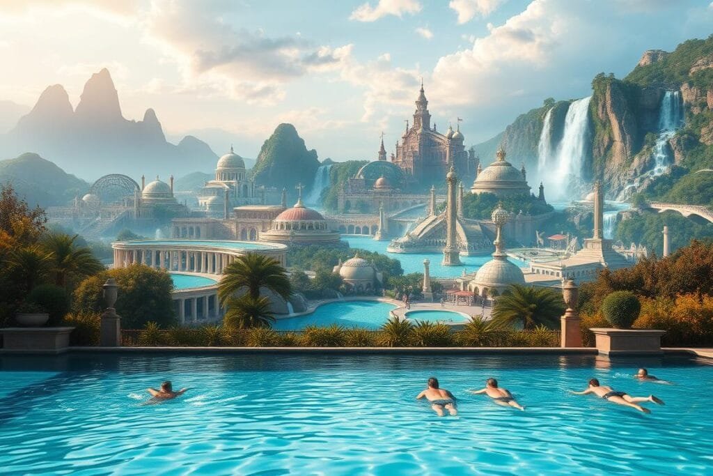A serene swimming pool nestled in a lush, dreamlike landscape. The water's surface reflects shimmering ripples, inviting visitors to dive in and explore its depths. In the foreground, a variety of swimming poses and movements capture the joy and freedom of aquatic exploration. The middle ground showcases diverse pool designs, from elegant Roman-inspired layouts to whimsical, fantastical constructions. The background features a dreamscape of towering mountains, cascading waterfalls, and a vibrant, otherworldly sky. Soft, warm lighting bathes the scene, creating a sense of tranquility and wonder. This image captures the essence of the "Variations of Swimming Pool Dreams," inviting the viewer to imagine themselves immersed in these captivating, aquatic fantasies.