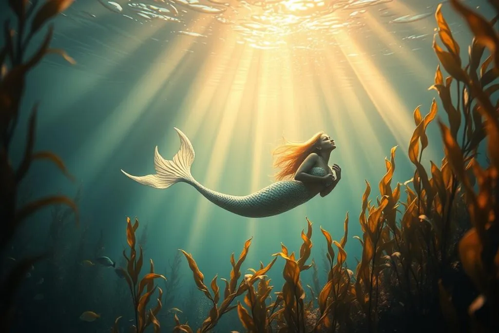 A serene underwater scene with a mermaid peacefully floating amidst swaying kelp fronds. Shafts of warm, golden light filter down through the water's surface, casting a dreamy, ethereal glow. The mermaid's scales glisten like iridescent jewels, her flowing tresses billowing around her. In the distance, a school of vibrant tropical fish dart by. The overall mood is one of tranquility and wonder, capturing the essence of a mermaid dream scenario. A serene underwater scene with a mermaid peacefully floating amidst swaying kelp fronds. Shafts of warm, golden light filter down through the water's surface, casting a dreamy, ethereal glow. The mermaid's scales glisten like iridescent jewels, her flowing tresses billowing around her. In the distance, a school of vibrant tropical fish dart by. The overall mood is one of tranquility and wonder, capturing the essence of a mermaid dream scenario.