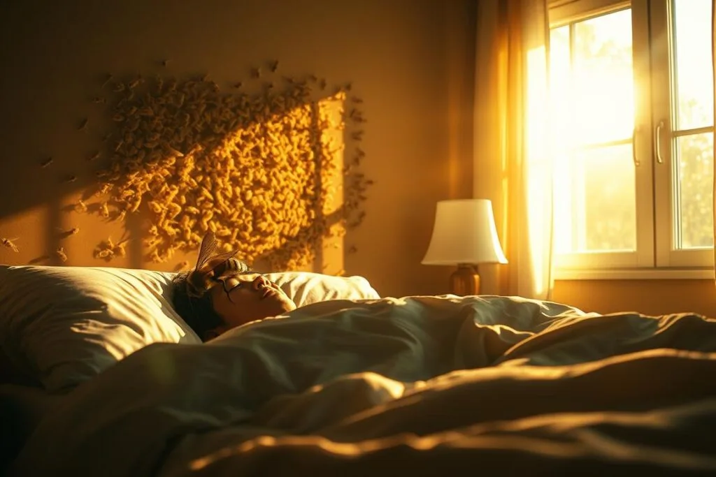 A sleeping person jolts awake, startled by the vivid image of a massive, swarming bee hive. Sunlight streams through the window, casting long shadows across the bedroom. The dreamer's eyes fly open, heart racing, as the buzzing sensation lingers on their skin. The room is bathed in a warm, golden glow, creating an atmosphere of unease and heightened awareness. A single large bee hovers near the pillow, a harbinger of the subconscious warning to heed. The scene conveys a sense of being shaken from slumber, a visceral wake-up call from the depths of the mind.