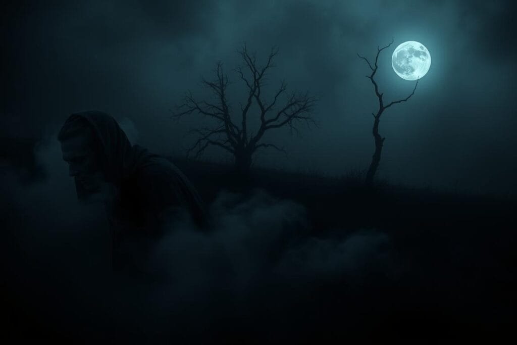 A somber, dreamlike scene depicting the psychological interpretations of dreams about the dead. In the foreground, a ghostly figure emerges from a swirling mist, their expression pensive and introspective. In the middle ground, a shadowy landscape with bare, twisted trees and a full moon casting an eerie glow. The background is shrouded in a hazy, indistinct darkness, suggesting the subconscious and the mysteries of the afterlife. The overall mood is one of contemplation, melancholy, and the blending of the physical and spiritual worlds. Soft, diffused lighting and a shallow depth of field create an intimate, introspective atmosphere.