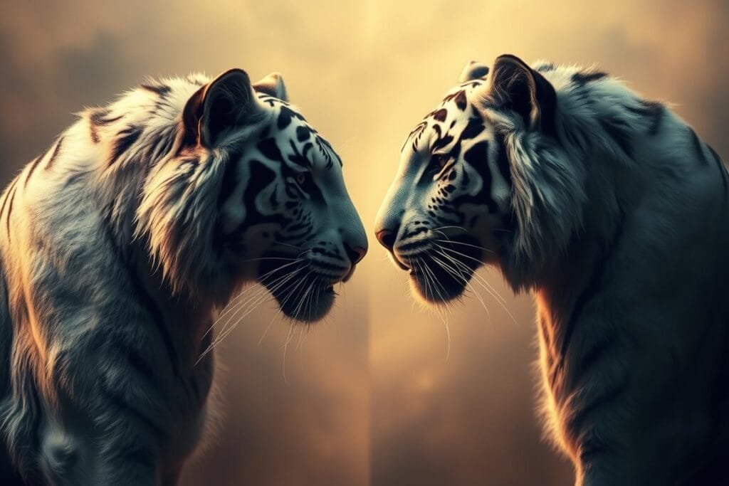 A striking and symbolic image of a white tiger and a black tiger, representing the balance and duality of light and dark, good and evil, in a dream-like setting. The tigers are posed facing each other, their eyes locked in a powerful gaze, with an ethereal, mystical atmosphere surrounding them. The lighting is soft and diffused, casting a warm, introspective glow on the scene. The background is hazy and blurred, allowing the focus to remain on the tigers and their symbolic interaction. The composition is balanced and captivating, inviting the viewer to explore the deeper meaning and significance of this powerful animal imagery.