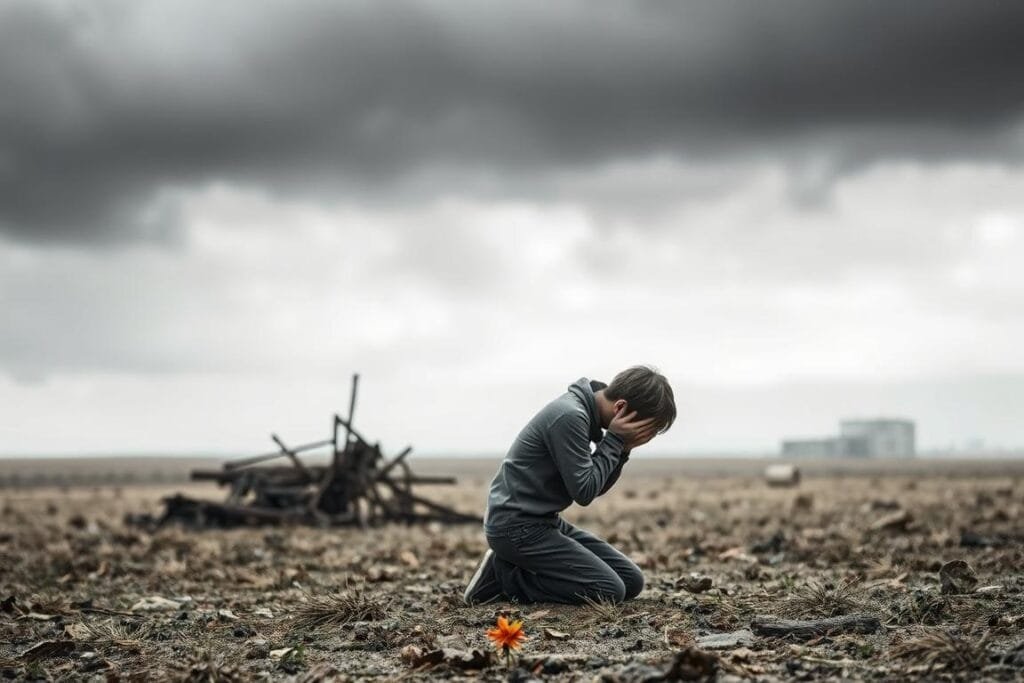 A sullen, overcast sky casts a melancholic hue over a desolate, windswept landscape. In the foreground, a lone figure kneels, hunched and consumed by profound grief, their face obscured by trembling hands. The figure's body language conveys a palpable sense of loss and anguish, the weight of sorrow etched into every contour. The middle ground is shrouded in a fog of uncertainty, hinting at the depths of this personal tragedy. In the background, blurred and indistinct, remnants of a once-vibrant life now lie in ruin, a testament to the fleeting nature of existence. The scene is bathed in a somber, monochromatic palette, the only splash of color a single, withered flower at the figure's feet - a poignant symbol of the fragility of life and the inevitability of decay.