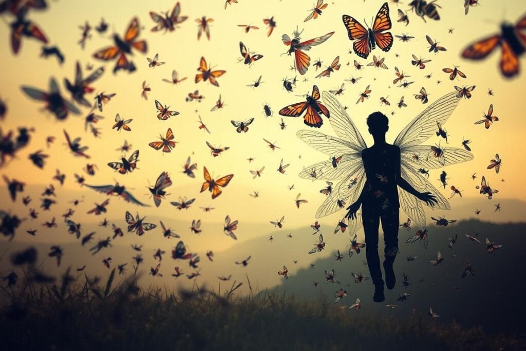 A surreal and dreamlike scene of personal growth through insect dreams. In the foreground, a person's silhouette emerges from a swarm of vibrant, ethereal insects, their body transforming and expanding. In the middle ground, a kaleidoscope of insect wings flutters, casting dappled light and shadow. The background is a hazy, out-of-focus landscape, evoking a sense of the subconscious and the liminal space between waking and dreaming. The lighting is soft and diffused, creating an otherworldly, introspective atmosphere. The overall composition conveys the idea of personal transformation and the power of the subconscious mind to guide one's growth and evolution.