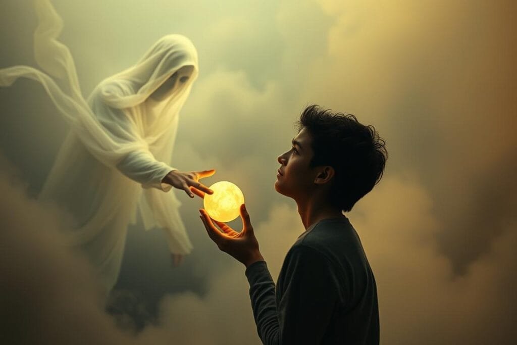 A surreal and ethereal scene of the emotional impact of dreams. In the foreground, a ghostly figure emerges from a swirling mist, handing a glowing orb to the subject, their face a mask of conflicting emotions - wonder, trepidation, and a deep sense of connection. The middle ground is a dreamscape of fragmented memories and subconscious symbols, while the background fades into an indistinct, muted color palette, creating a sense of the liminal and the transcendent. Soft, diffused lighting casts a warm, introspective glow, and the camera angle is slightly elevated, evoking a sense of the subject's internal, psychological perspective. The overall tone is one of profound personal significance, the boundaries between the waking and dream worlds blurred, inviting the viewer to contemplate the emotional resonance of such experiences.