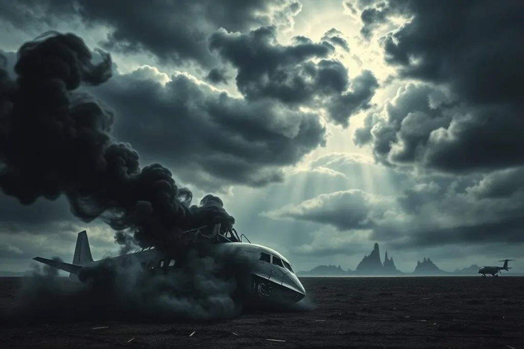 A surreal and ominous scene depicting negative airplane dream symbols. In the foreground, a crumbling, distorted airplane husk wreathed in dark smoke, its wings bent and broken. The middle ground is a bleak, desolate landscape, with jagged, shadowy forms lurking on the horizon. The sky is a foreboding, roiling mass of storm clouds, casting an eerie, ominous glow. The lighting is stark and dramatic, with deep shadows and moody highlights, evoking a sense of unease and dread. The overall mood is one of decay, loss, and the unsettling nature of subconscious fears manifested in dream imagery.