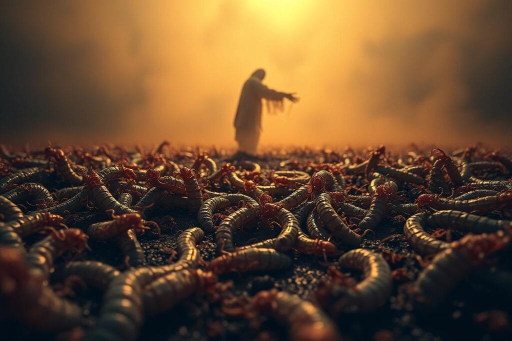 A surreal and symbolic representation of the concept of maggots. In the foreground, a swarm of writhing, glistening maggots crawl over a dark, decaying surface. Their movements are both disturbing and captivating, evoking a sense of unease and transformation. In the middle ground, a single, larger maggot emerges, its form distorted and ethereal, symbolizing the deeper meaning behind the dream imagery. The background is shrouded in a misty, atmospheric haze, creating a sense of mystery and the subconscious. Warm, low-key lighting casts dramatic shadows, adding to the somber, contemplative mood. Captured with a wide-angle lens to emphasize the unsettling scale and presence of the maggots.