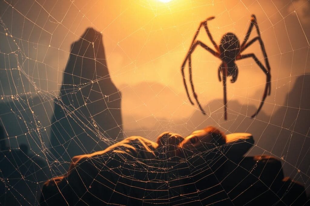 A surreal, dreamlike interpretation of a spider's web, illuminated by a soft, warm glow. In the foreground, an intricate, ethereal web glistens with delicate strands, casting mesmerizing shadows. The middle ground features a sleeping figure, lost in the depths of a vivid dream, surrounded by shimmering, translucent threads. In the background, a hazy, mystical landscape evokes a sense of the subconscious, with a large, looming spider watching over the scene. The image should convey a sense of wonder, mystery, and the interplay between the conscious and the unconscious.