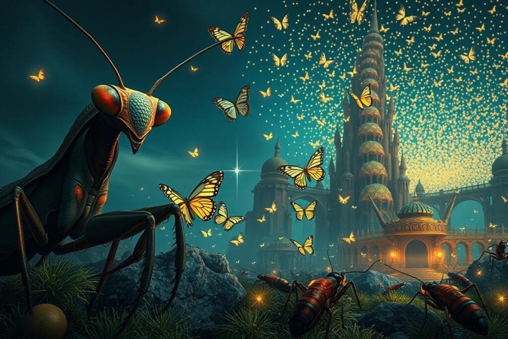 A surreal, dreamlike landscape where insects from popular culture and everyday life coexist. In the foreground, a giant, anthropomorphic praying mantis stands guard, its compound eyes gleaming with a hint of mischief. In the middle ground, butterflies with holographic wings flutter around a towering ant colony, their intricate structures blending seamlessly with the architectural forms. In the distance, a kaleidoscopic swarm of fireflies illuminates the night sky, casting a warm, ethereal glow over the entire scene. The lighting is soft and diffused, evoking a sense of wonder and the subconscious. The perspective is slightly tilted, adding to the disorienting yet captivating nature of the imagery.