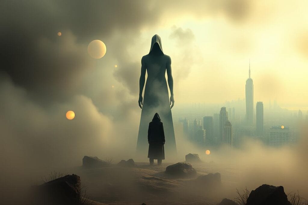 A surreal, dreamlike landscape with a towering, enigmatic figure at the center, symbolizing the subconscious mind. The figure stands in a hazy, ethereal setting, partially obscured by swirling mists. Gently glowing orbs and abstract shapes float in the air, suggesting the flow of thoughts and emotions. The lighting is soft and muted, creating an atmosphere of introspection and contemplation. In the background, a fractured, kaleidoscopic cityscape fades into the distance, hinting at the complex interplay between the conscious and unconscious realms. The scene is captured with a wide-angle lens, emphasizing the sense of depth and mystery.