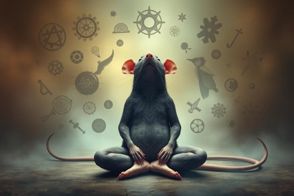 A surreal, dreamlike scene depicting the psychological interpretations of rat dreams. A large, anthropomorphic rat sits cross-legged, surrounded by a swirling array of abstract shapes and symbols. Its eyes are closed, lost in a state of deep meditation. The background is hazy and ethereal, with a soft, ambient lighting that creates an atmosphere of introspection and subconscious exploration. The overall composition conveys a sense of the mysterious and the unknown, inviting the viewer to delve into the hidden meanings and symbolism of the rat's inner mental landscape.