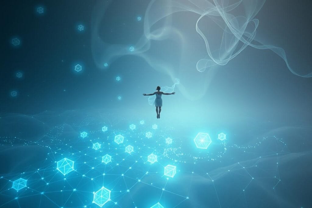 A surreal, dreamlike scene of a person soaring through a vast, ethereal inner landscape. In the foreground, a levitating figure drifts effortlessly, their body enveloped in a hazy, luminescent aura. The middle ground features a kaleidoscopic tapestry of floating geometric shapes, pulsing with a mesmerizing bioluminescent glow. In the distant background, wispy tendrils of energy undulate and converge, creating a sense of depth and the boundless nature of the subconscious. Soft, diffused lighting bathes the scene, lending an otherworldly, introspective mood. The composition is captured with a wide-angle lens, emphasizing the immersive, expansive nature of the dream-within-a-dream experience.