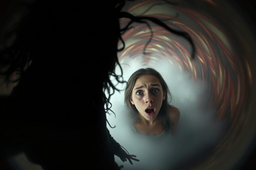 A surreal dreamscape: a shadowy figure looming in the foreground, their face obscured by tendrils of darkness. In the middle ground, a friend's face, eyes wide with terror, as their body fades into mist. The background is a swirling vortex of unsettling colors and shapes, the edges blurred and distorted, creating an atmosphere of unease and uncertainty. Dramatic chiaroscuro lighting casts dramatic shadows, heightening the sense of fear and anxiety. A fisheye lens distorts the perspective, adding to the disorienting, nightmarish quality of the scene.