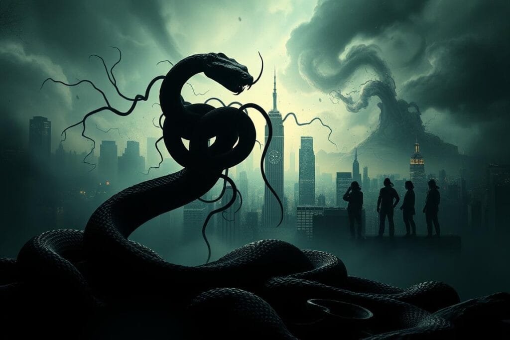 A surreal dreamscape depicting psychological stress and anxiety. In the foreground, a serpentine figure, its coils twisting and undulating, represents the subconscious fears that haunt the dreamer's mind. The middle ground features a fragmented, distorted cityscape, conveying a sense of unease and disorientation. The background is shrouded in an ethereal, hazy glow, evoking the ephemeral and disjointed nature of dreams. The overall composition is imbued with a moody, chiaroscuro lighting, casting dramatic shadows and highlights to heighten the emotional intensity. The scene is rendered with a hyper-realistic, almost photographic quality, blurring the line between waking and dreaming.