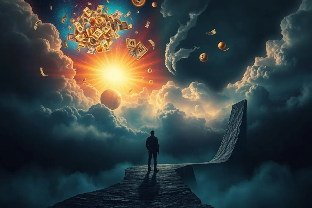 A surreal dreamscape depicting the dual nature of dreams - the positive and negative meanings they can hold. In the foreground, a person stands at a crossroads, contemplating two paths: one leading to a shimmering, golden jackpot, the other descending into a dark, foreboding abyss. The middle ground features a pulsing, kaleidoscopic skyscape, with fragments of currency and lottery symbols swirling amidst ethereal, cloud-like forms. The background is shrouded in a moody, atmospheric haze, hinting at the subconscious depths from which dreams emerge. Dramatic chiaroscuro lighting casts dramatic shadows, evoking the contrast between hope and fear, fortune and misfortune. A surreal dreamscape depicting the dual nature of dreams - the positive and negative meanings they can hold. In the foreground, a person stands at a crossroads, contemplating two paths: one leading to a shimmering, golden jackpot, the other descending into a dark, foreboding abyss. The middle ground features a pulsing, kaleidoscopic skyscape, with fragments of currency and lottery symbols swirling amidst ethereal, cloud-like forms. The background is shrouded in a moody, atmospheric haze, hinting at the subconscious depths from which dreams emerge. Dramatic chiaroscuro lighting casts dramatic shadows, evoking the contrast between hope and fear, fortune and misfortune.