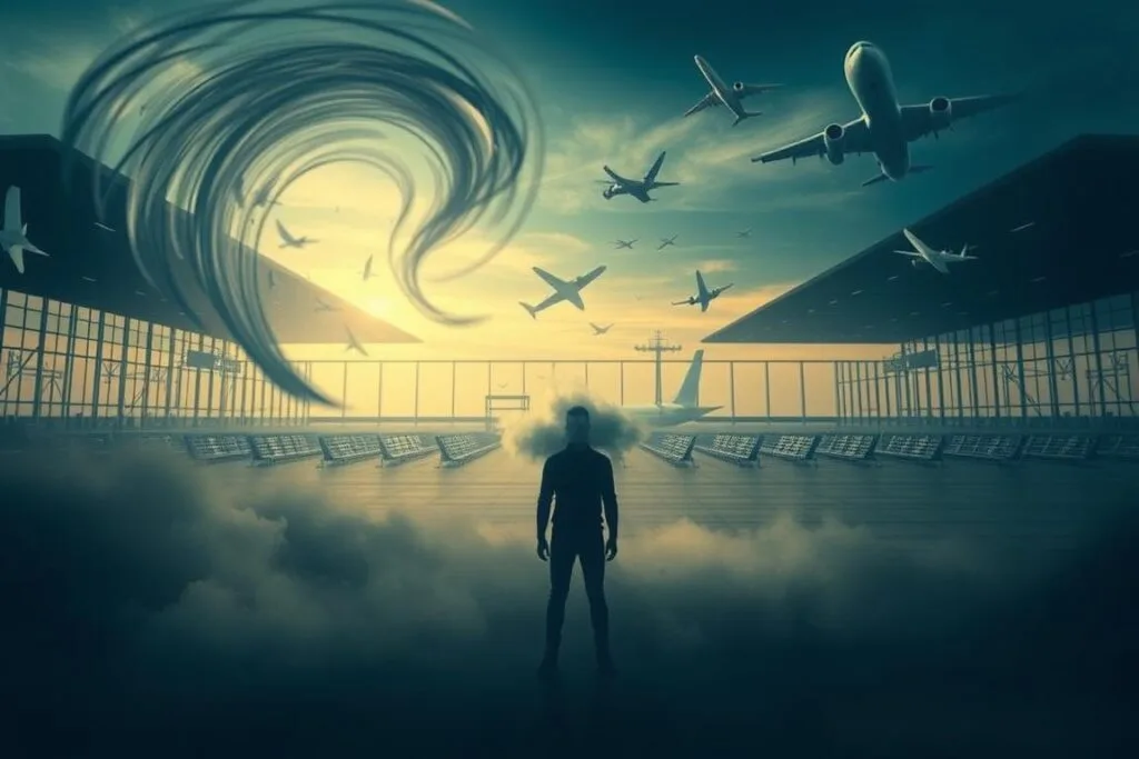 A surreal dreamscape depicting the psychological interpretations of missing a flight. In the foreground, a figure stands amidst a swirling vortex of anxiety, their face obscured by a cloud of uncertainty. The middle ground features a vast, empty airport terminal, its vast halls devoid of life, symbolizing the sense of isolation and loss. In the background, the sky is tinged with a melancholic hue, as fragmented memories and shattered plans hang like ghostly apparitions. Soft, moody lighting casts long shadows, creating a contemplative, introspective atmosphere. The composition is balanced, with the figure serving as the focal point, drawing the viewer into the emotional turmoil of the missed opportunity. A surreal dreamscape depicting the psychological interpretations of missing a flight. In the foreground, a figure stands amidst a swirling vortex of anxiety, their face obscured by a cloud of uncertainty. The middle ground features a vast, empty airport terminal, its vast halls devoid of life, symbolizing the sense of isolation and loss. In the background, the sky is tinged with a melancholic hue, as fragmented memories and shattered plans hang like ghostly apparitions. Soft, moody lighting casts long shadows, creating a contemplative, introspective atmosphere. The composition is balanced, with the figure serving as the focal point, drawing the viewer into the emotional turmoil of the missed opportunity.