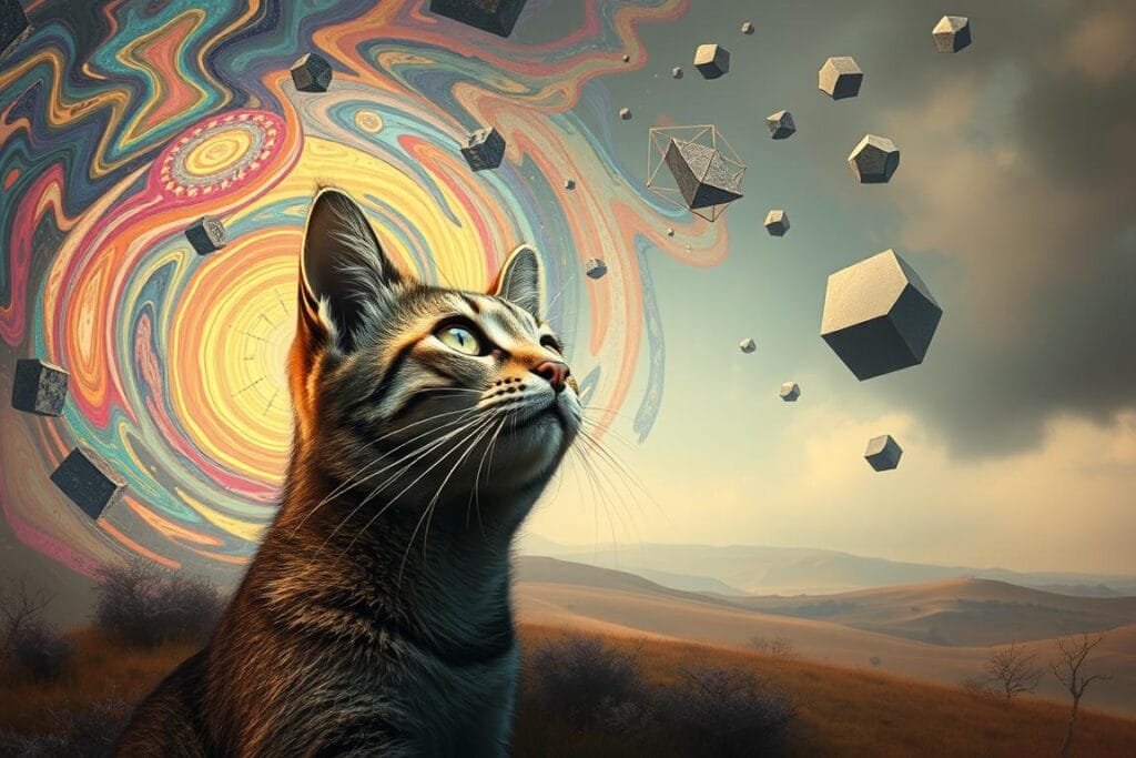 A surreal dreamscape depicting the psychological perspectives on cat dreams. In the foreground, a curious cat's head emerges from a swirling vortex of vibrant colors and abstract patterns, representing the subconscious realm of the feline mind. The middle ground features fragmented geometric shapes and disjointed, floating elements, symbolizing the complex and multifaceted nature of cat cognition. In the background, a hazy, ethereal landscape with muted tones and soft, diffused lighting creates an atmosphere of introspection and the exploration of the mysterious workings of the cat's psyche. The overall composition conveys a sense of wonder, imagination, and the enigmatic nature of the cat's inner world.