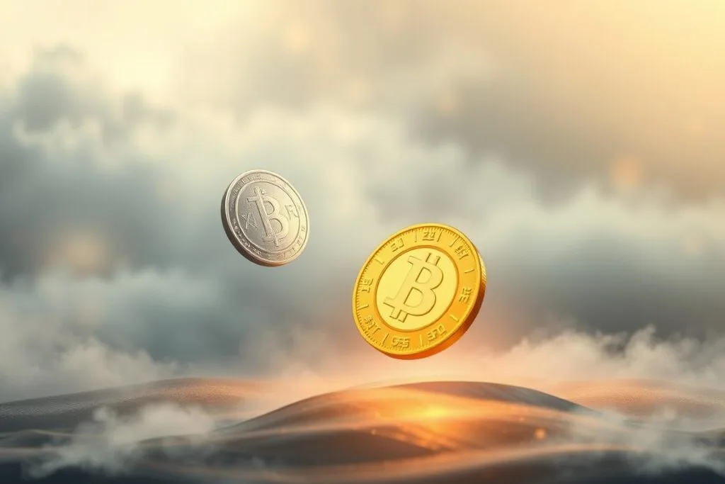 A surreal dreamscape depicting the symbolic interplay of gold and silver. In the foreground, a luminous golden coin levitates, its radiant surface casting warm reflections. In the middle ground, a shimmering silver coin hovers, its cool metallic gleam contrasting with the golden orb. The background is a hazy, ethereal landscape of mist and soft, atmospheric lighting, hinting at the subconscious realms of the dreaming mind. The overall composition conveys a sense of tranquility, balance, and the mystical significance of these precious metals in the realm of dreams. A surreal dreamscape depicting the symbolic interplay of gold and silver. In the foreground, a luminous golden coin levitates, its radiant surface casting warm reflections. In the middle ground, a shimmering silver coin hovers, its cool metallic gleam contrasting with the golden orb. The background is a hazy, ethereal landscape of mist and soft, atmospheric lighting, hinting at the subconscious realms of the dreaming mind. The overall composition conveys a sense of tranquility, balance, and the mystical significance of these precious metals in the realm of dreams.