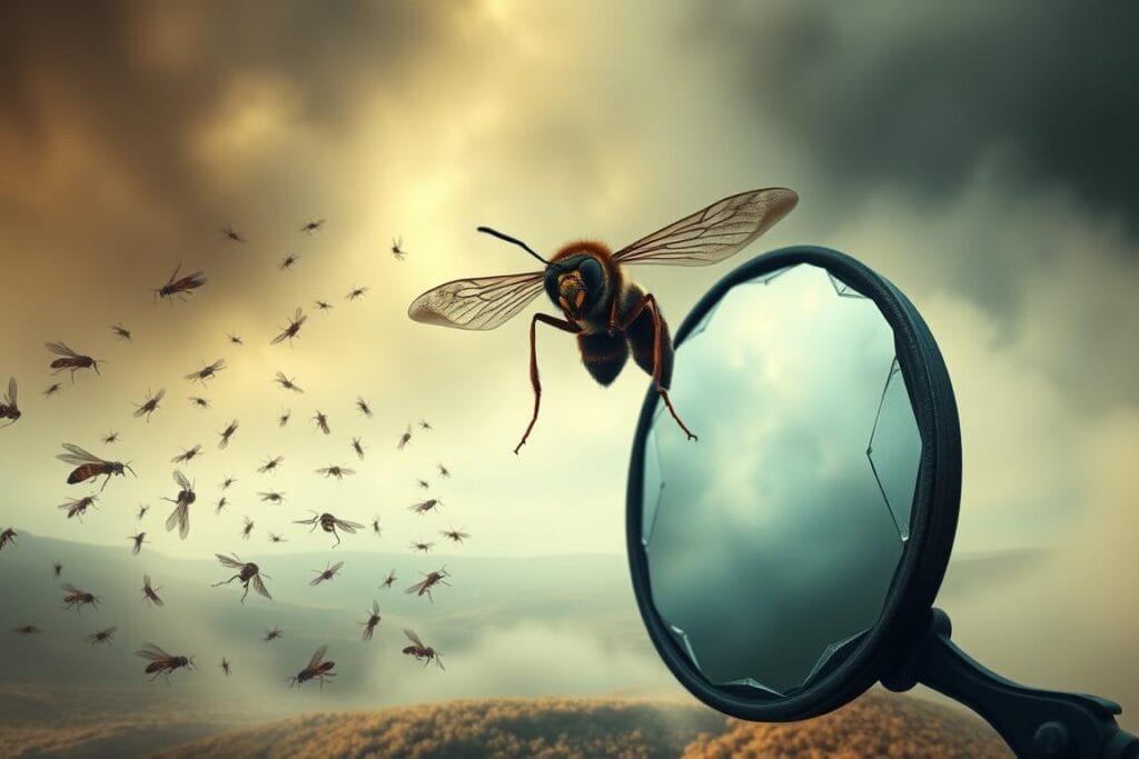 A surreal dreamscape depicting the symbolic significance of wasps. In the foreground, a swarm of ethereal wasps emerges from a fractured, kaleidoscopic mirror, representing the intrusion of subconscious anxieties. In the middle ground, a single wasp hovers ominously, its stinger poised, symbolizing the sharp, piercing insights that dreams can uncover. The background depicts a hazy, dreamlike landscape of muted colors and soft, diffused lighting, creating a sense of otherworldliness and the blurring of waking and sleeping realms. The overall atmosphere is one of mystery, tension, and the revealing of hidden truths through the lens of wasp symbolism.