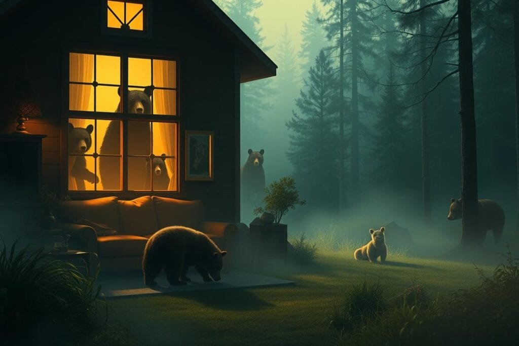 A surreal dreamscape featuring a cozy house nestled in a lush, forested landscape. In the foreground, a curious bear cautiously explores the interior, sniffing around the living room furniture. The lighting is warm and hazy, creating an atmosphere of tranquility and slight unease. In the middle ground, shadowy figures of additional bears peer through the windows, their eyes gleaming in the soft illumination. The background is shrouded in a misty forest, the trees swaying gently in a breeze. The scene evokes a sense of the unexpected and the blurring of the boundaries between the natural and the domestic.