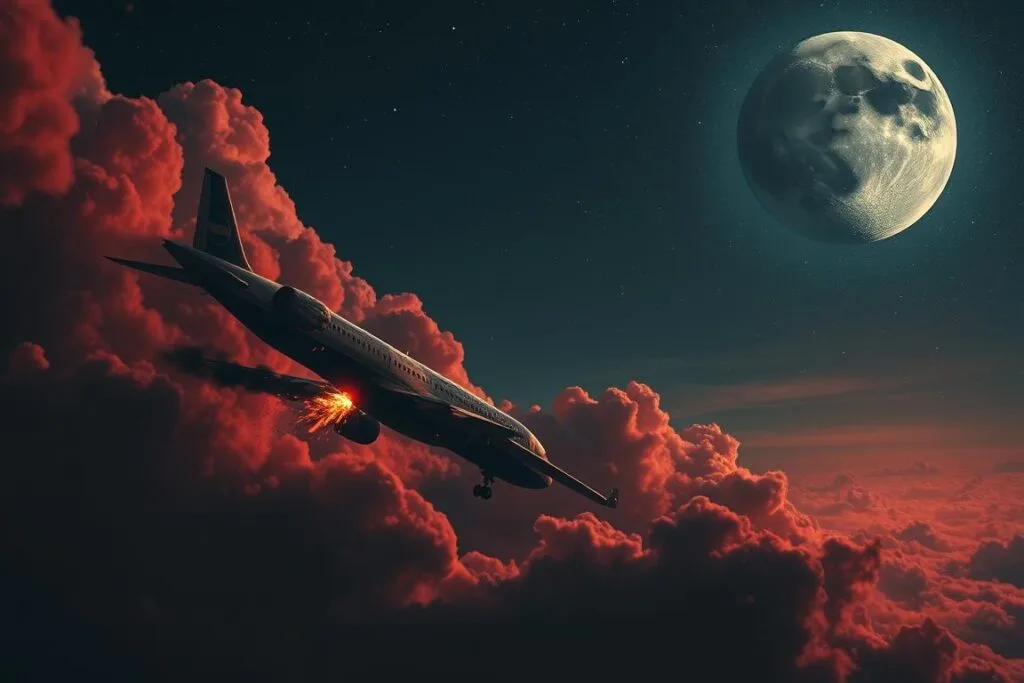 A surreal dreamscape of a plane crash unfolding in the night sky. In the foreground, the crumpled fuselage of a passenger jet tumbles through a roiling, crimson-tinged cloud bank, its broken wings trailing plumes of black smoke. The middle ground is illuminated by the eerie glow of the burning wreckage, casting an unsettling, chiaroscuro light on the scene. In the distant background, a shattered moon hangs amidst a swirling vortex of stars, lending an ethereal, otherworldly quality to the nightmare vision. The entire composition evokes a sense of dread, loss, and the fragility of human existence.