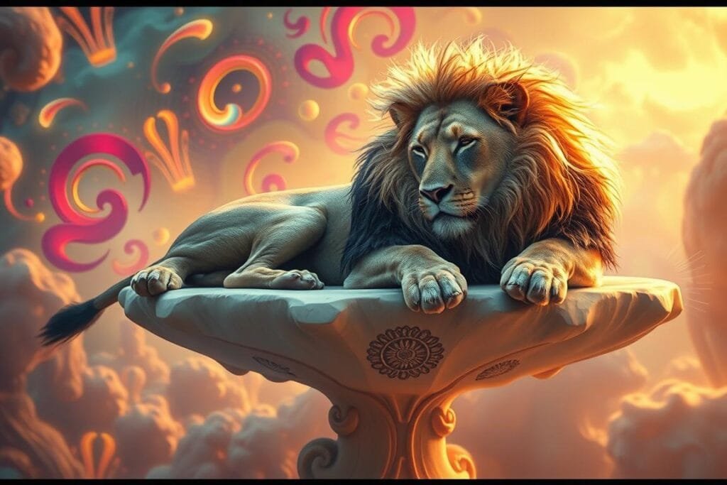 A surreal dreamscape unfolds, where a majestic lion reclines upon a levitating platform, its mane gently billowing in an ethereal breeze. The creature's eyes are closed, as if lost in a deep, contemplative slumber. Surrounding the lion, a kaleidoscope of vibrant, abstract shapes and patterns swirl and morph, creating a sense of otherworldly enchantment. The lighting is soft and diffused, bathing the scene in a warm, golden glow, evoking a sense of tranquility and wonder. The camera angle is slightly elevated, allowing the viewer to observe this unexpected lion dream scenario from a unique, almost omniscient perspective.